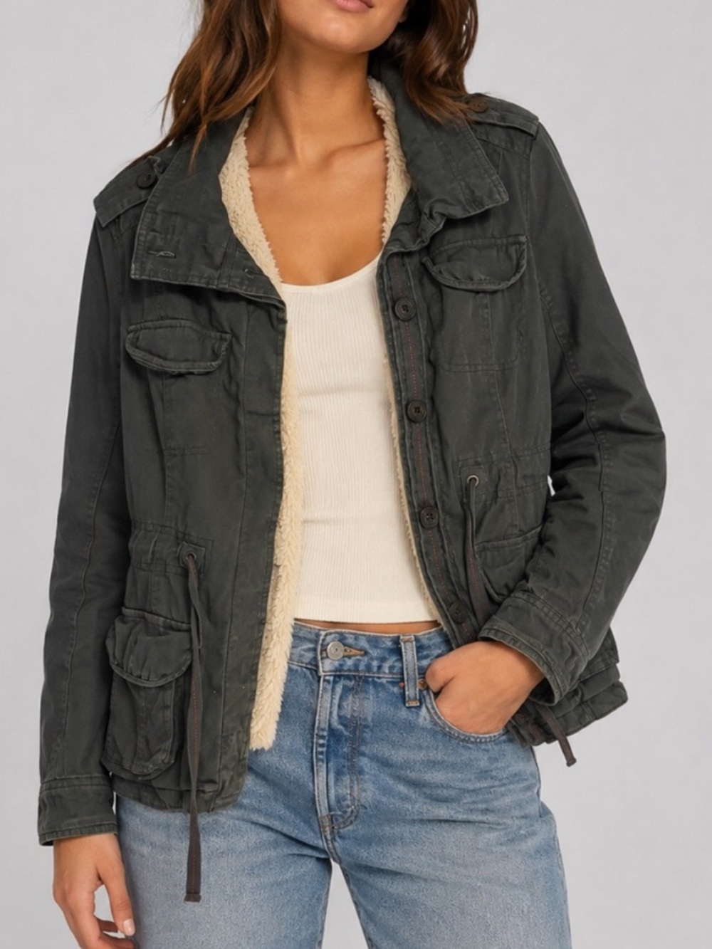 CoffeeShop Olive Green Sherpa-Lined Utility Jacket